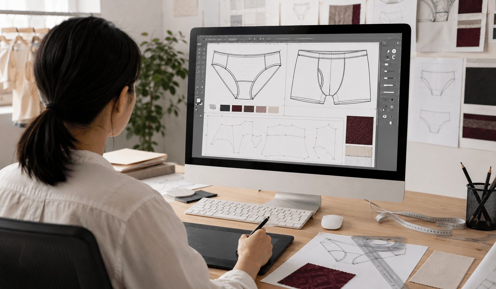 AINIAN underwear designer developing patterns on a computer